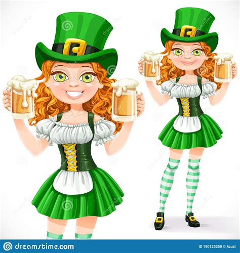 Beautiful Girl Leprechaun Hold A Two Goblets Of Beer Stock Illustration
