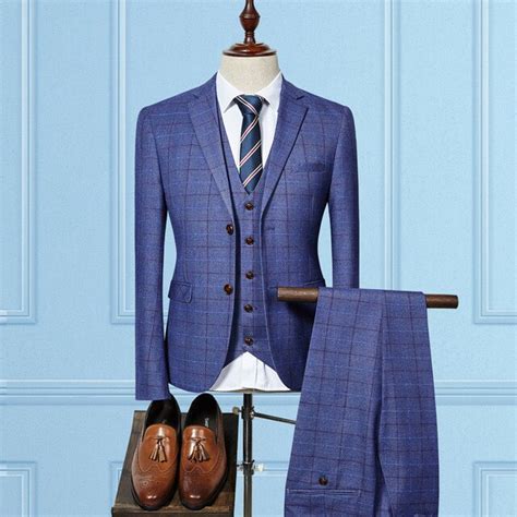 2017 Blue Plaid Suit Men 3 Pieces Slim Fit Custom Made Business Formal