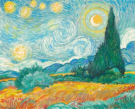 Starry Night With Wheat Field And Cypress Trees John
