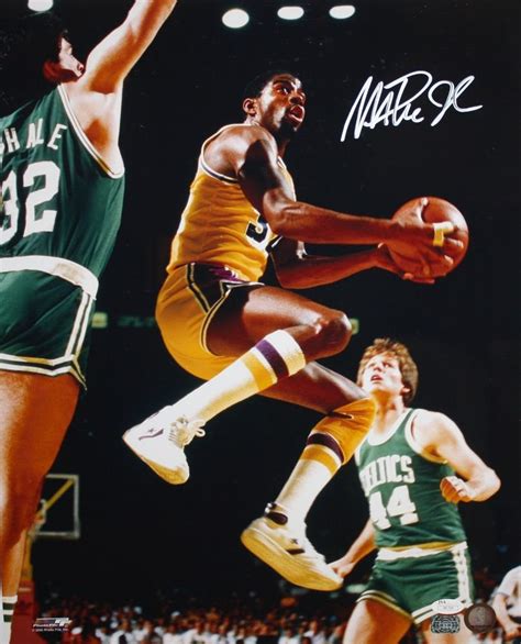 Magic Johnson Autographed 16x20 In Air Against Celtics Photo Jsa
