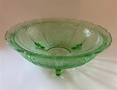 Jeannette Uranium Green Depression Glass Cherry Blossom Footed Bowl
