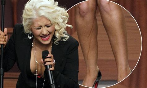 Christina Aguilera Reveals Fake Tan Streaks On Her Dirrty Legs At The