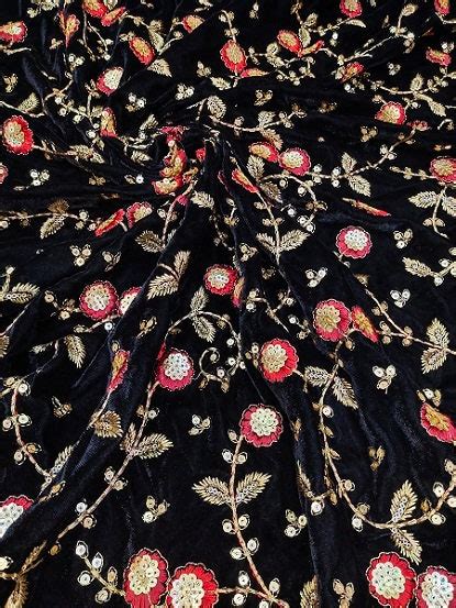 Black Velvet Floral Embroidery Sequence Work Fabric By Yard Etsy