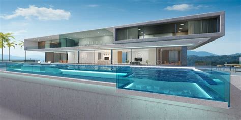 Luxury Villa Exterior Design With Beautiful Infinity Pool Stock