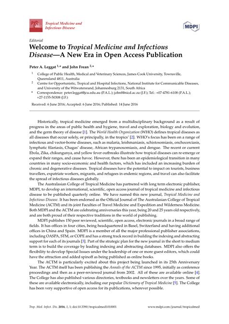 Pdf Welcome To Tropical Medicine And Infectious Disease—a New Era In Open Access Publication