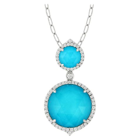 Doves 18K White Gold Pear Shape Necklace With White Topaz Turquoise