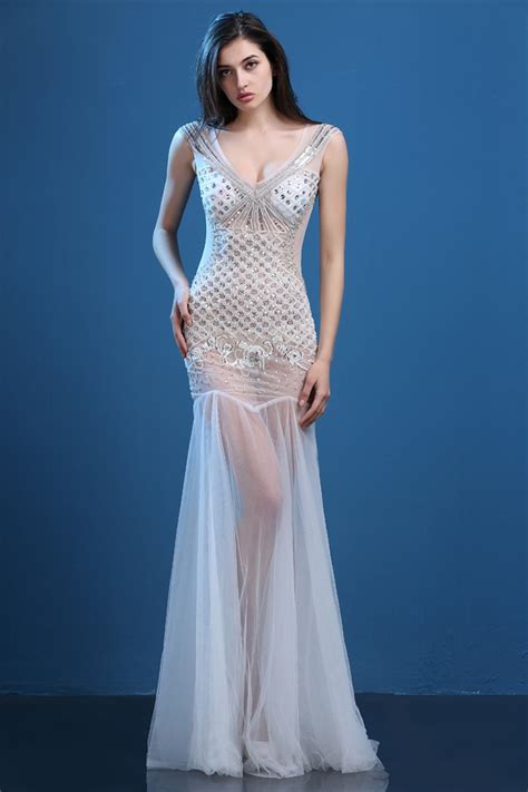 Unusual Sexy V Neck Sheer See Through White Tulle Beaded Special Occasion Prom Dress