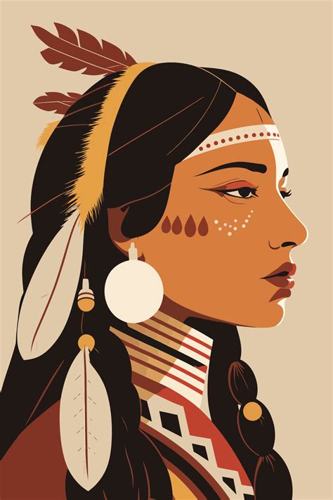 Native American Indian Woman With Feathers In Profile Vector Illustration Vector Art
