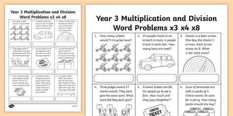 Write the answer to each problem and label that answer. Grade 3 Multiplication and Division Word Problems x3 x4 x8 ...