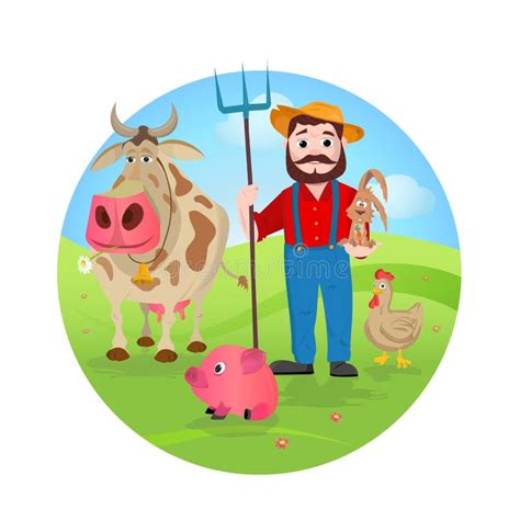 A Farmer At His Farm With A Bunch Of Farm Animals Stock Vector