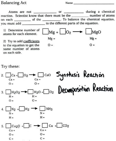 Balance each of the following equations. Balancing Chemical Equations Practice Worksheet Answer Key