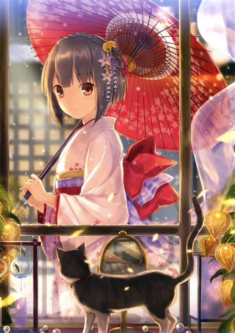 Cat Kimono Traditional Clothing Anime Girls Original Characters Hd