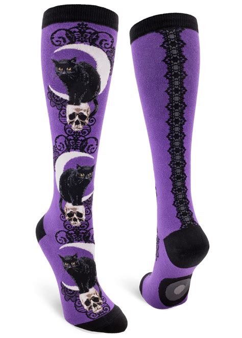 Black Cat Moon Knee Socks Purple Modsocks Novelty Socks