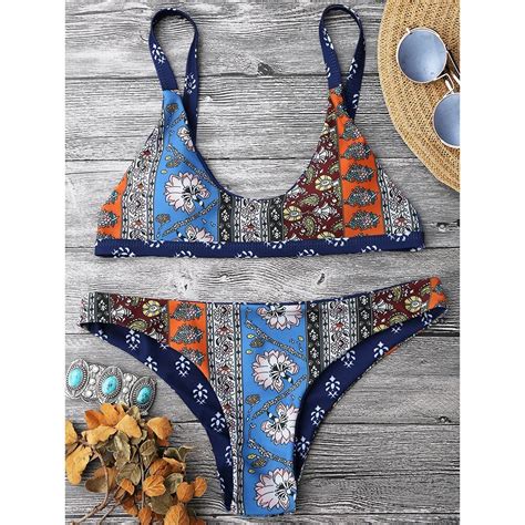 Zaful Patchwork Print Scoop Neck Bikini Set Swimsuit Womens Swimming Suit Low Waist Floral