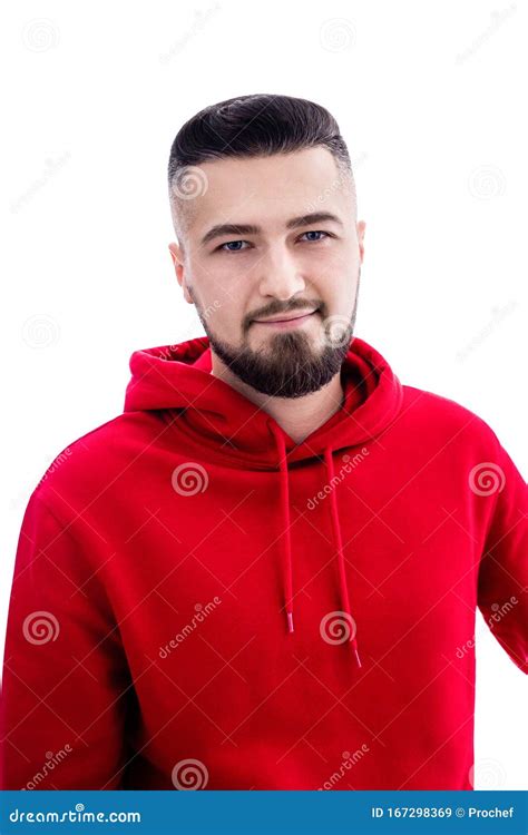 Handsome Man In Red Casual Clothes Posing On White Background Stock