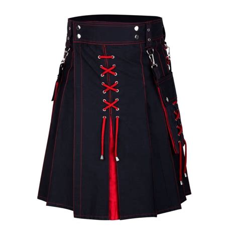 Modern Two Tone Black And Red Cotton Utility Kilt For Men With Detachable