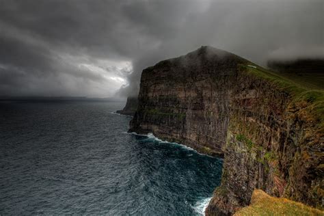 Faroe Islands Sea Clouds Coast Cliff Water Nature Landscape