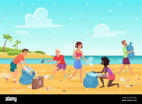 Beach Cleaning Flat Vector Illustration Young People Cleaning Plastic