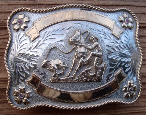 Vintage Rodeo Cowboy Belt Buckle Silver Tone Metal And Brass