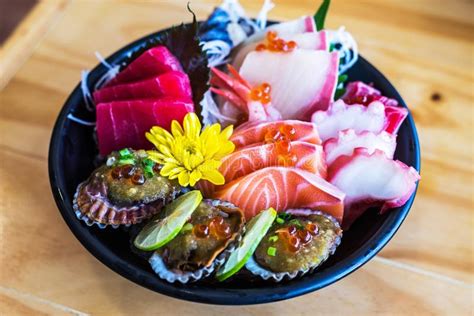 Sashimi Bowl Set Or Raw Salmon Mixed Sliced Fish Sashimi Stock Image