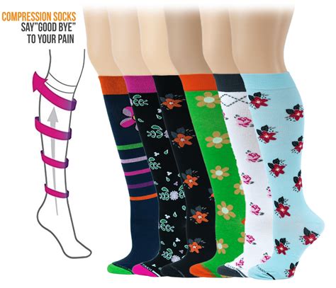 6 Pairs Pack Women Travelers Anti Fatigue Graduated Floral Design Compression Knee High Socks