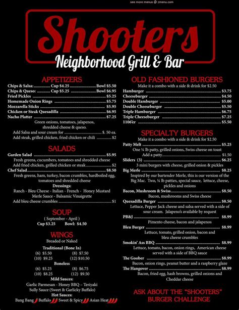 Menu At Shooters Neighborhood Grill And Bar Frontenac