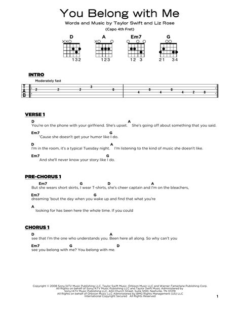 You Belong With Me Sheet Music Taylor Swift Really Easy Guitar