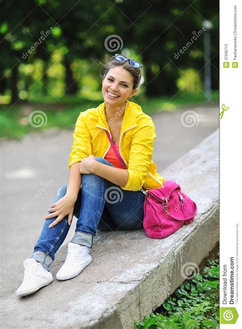 Portrait Of Pretty Cheerful Young Girl In A Park Stock Image Image Of