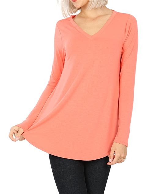 Zenana Women And Plus Relaxed Fit Long Sleeve V Neck Round Hem Jersey Tee Shirt Top