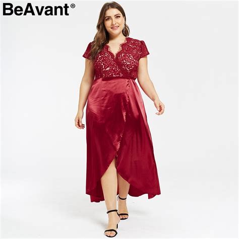 Beavant Vintage Red Lace Women Dress Plus Size Dress V Neck Satin Summer Dresses 2019 Split