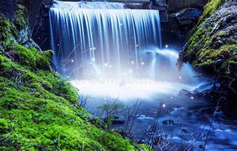 Magic Fairytale Waterfall With Lights In The Woods Magic River Scenery