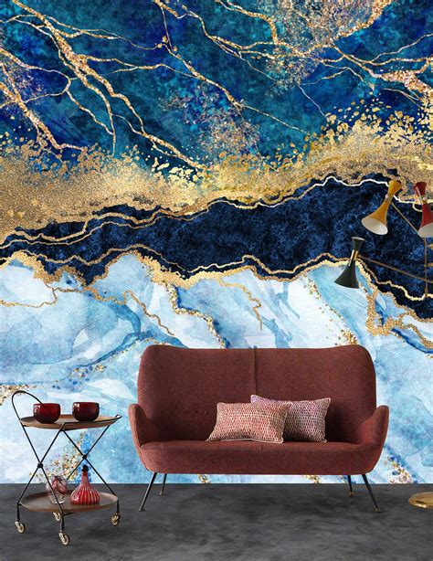 Marble Abstract Design Shades Of Blue Gold Yellow