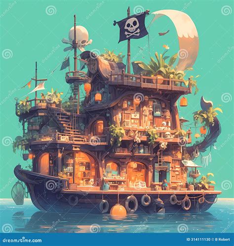 Vintage Pirate Ship Restaurant - Adventure Awaits! Stock Illustration