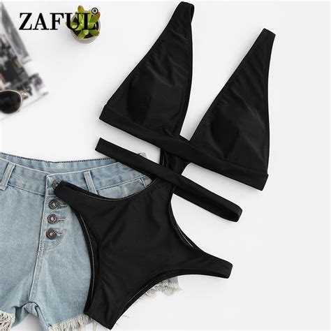 Zaful Bandage One Piece Swimwear Women Swimsuit Solid Plunging Neck