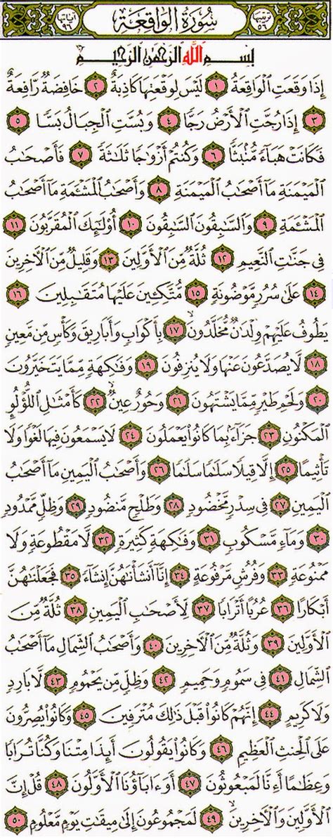 Surat al waqiah yang artinya hari kiamat memiliki 96 ayat, termasuk golongan surat makkiyah (diwahyukan di mekah). SURAH AL WAQIAH DAN DOA MURAH REZEKI