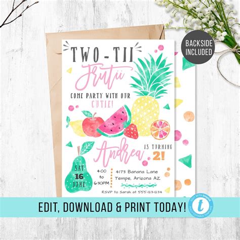 Editable Twotti Frutti Birthday Invitation Two Tti Frutti Etsy
