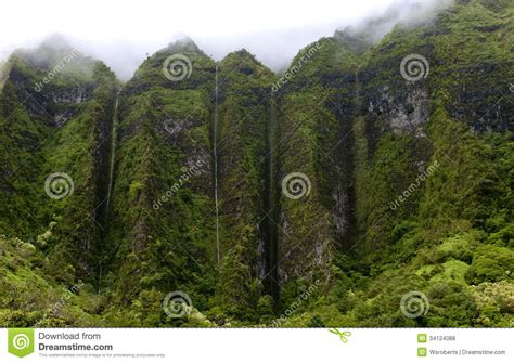 Hawaii Scenery Rainy Season Mountain Waterfalls Stock