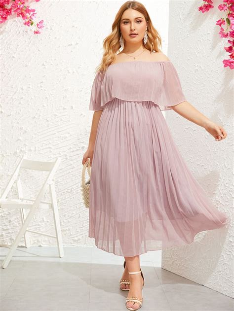 Plus Off Shoulder Pleated Dress Shein Usa Pleated Dress Plus Size