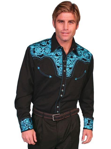 Scully Mens Shirt Western Turquoise Poly Blend Floral Tooled Stitch Ls