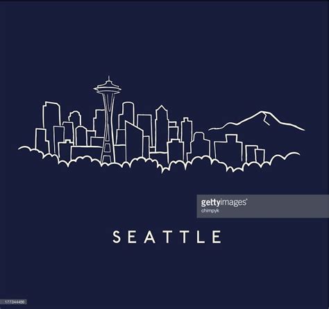 Hand Drawn Sketch Of The Seattle Skyline On A Dark Blue Background