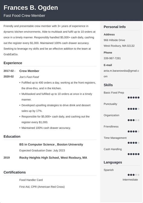 Fast Food Resume Examples With Skills And Job Description