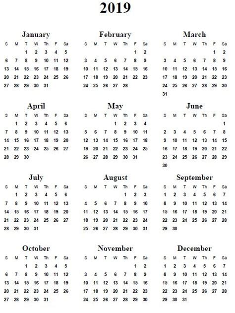 Printable Year At A Glance Calendar 2019 5 Best Of Calendar