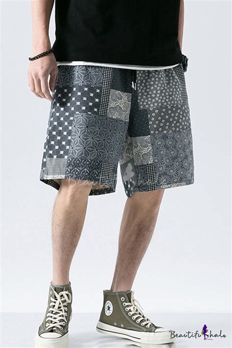Cool Mens Shorts Floral Abstract Pattern Patchwork Pocket Drawstring