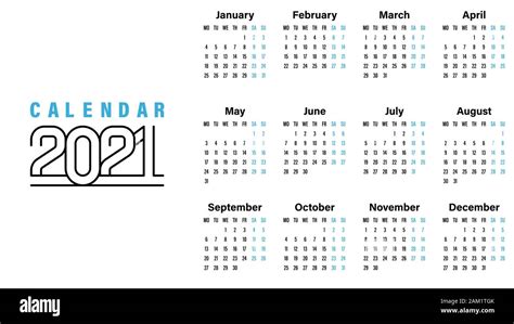 2021 Calendar Template Ilustración Vectorial Diseño Sencillo La Semana