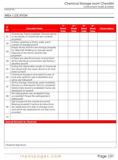 Chemical Storage Room Checklist Format Excel Pdf Sample