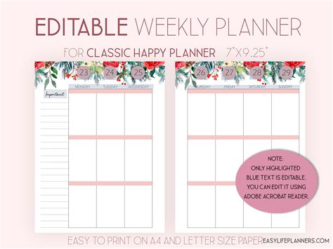 Editable Planner 2022 Weekly Planner Pages Made To Fit Happy Planner