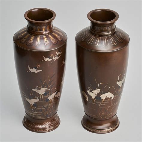 A Pair Of Stylish Meiji Period Japanese Bronze Vases With Crane