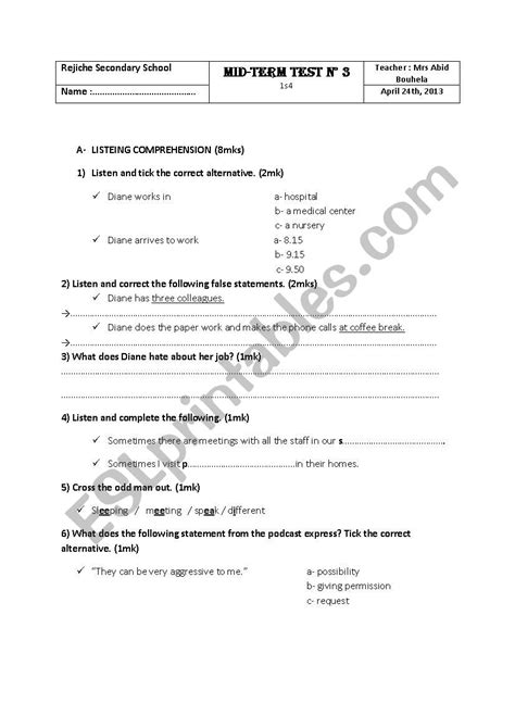 Mid Term Test N3 For First Year Secondary Education Esl Worksheet By