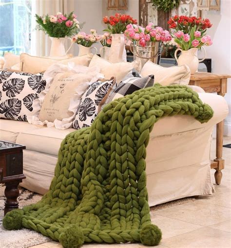 Chunky Knit Blanket Double Rib With Pom Poms Merino Wool Blanket