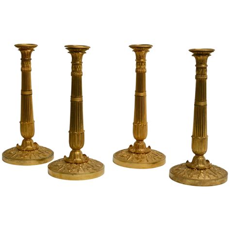 Rare Set Of Four Large Gilt Bronze Candlesticks Attributed To Galle